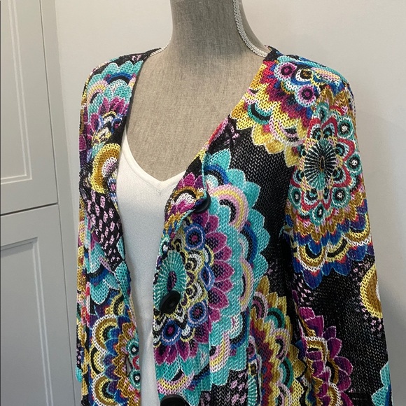 Joseph Ribkoff Multi-Colour Mandala Print Mesh Cardigan Size Large Artsy Boho - Picture 8 of 15